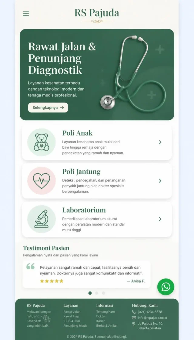 Contoh website rumah sakit layout kartu modern hijau mint dengan logo RS Pajuda Contoh website rumah sakit layout kartu modern hijau mint dengan logo RS Pajuda