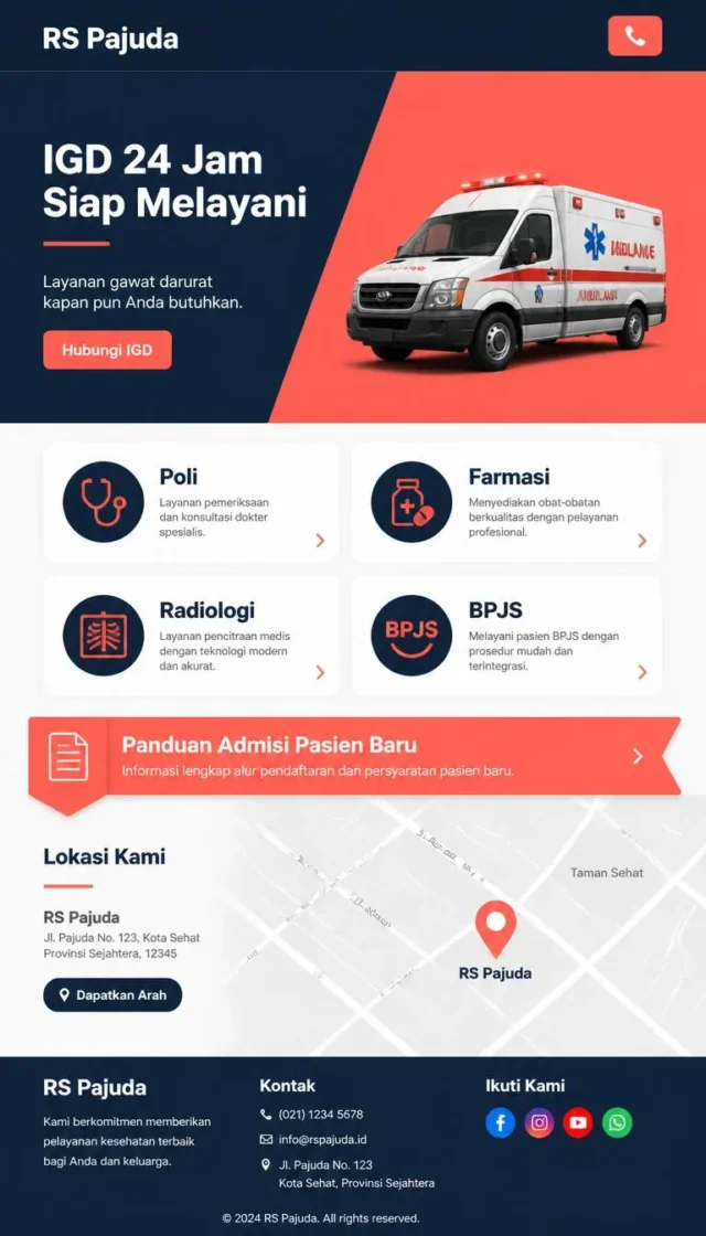 Contoh website rumah sakit layout minimal bold navy koral dengan logo RS Pajuda Contoh website rumah sakit layout minimal bold navy koral dengan logo RS Pajuda